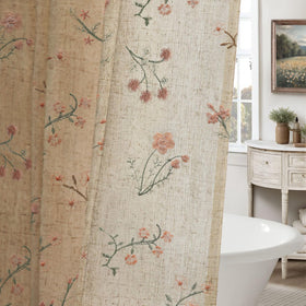 XOGUIBO floral farmhouse curtain close-up showing vintage embroidery texture for bathroom ambiance