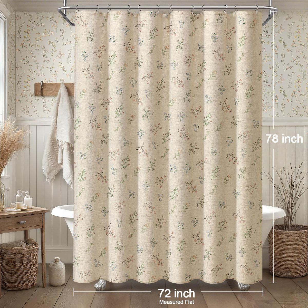 XOGUIBO soft pink-green botanical print fabric texture, enhancing rustic bathroom ambiance.