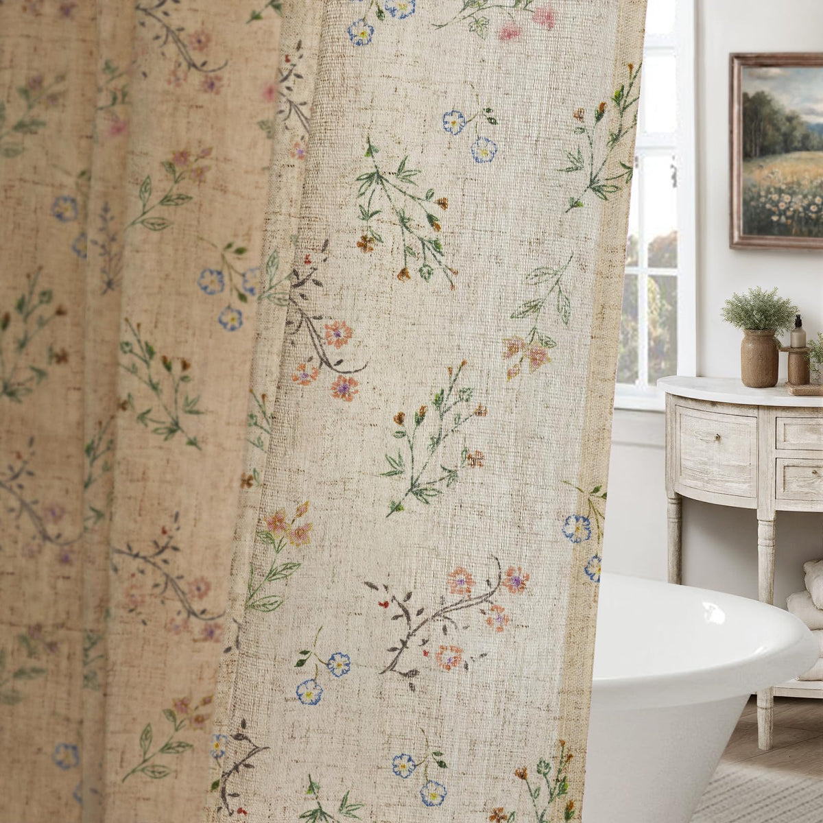 XOGUIBO floral-print close-up showcasing soft pink and green blooms for cottagecore bathrooms.