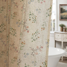 XOGUIBO floral-print close-up showcasing soft pink and green blooms for cottagecore bathrooms.