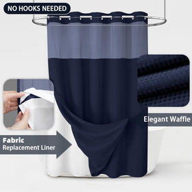 XOGUIBO hotel style waffle curtain blue adds a luxe look to daily baths