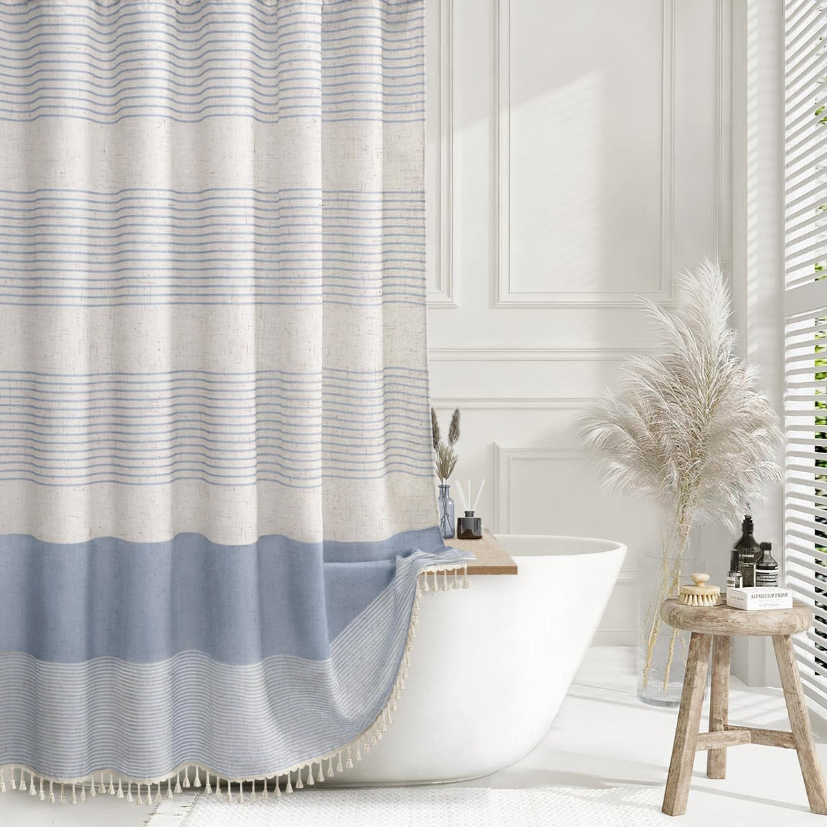 XOGUIBO light blue linen curtain with coastal stripe and tassel detail for a calm bathroom