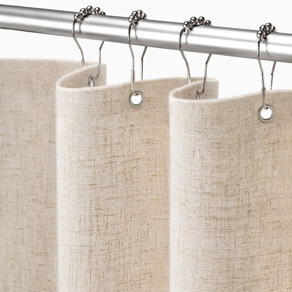 XOGUIBO linen shower curtain close-up highlights natural texture and cream color for privacy