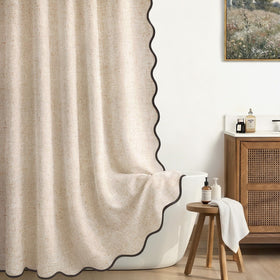 XOGUIBO long shower curtain in linen beige with scalloped edge adds cozy boho charm.
