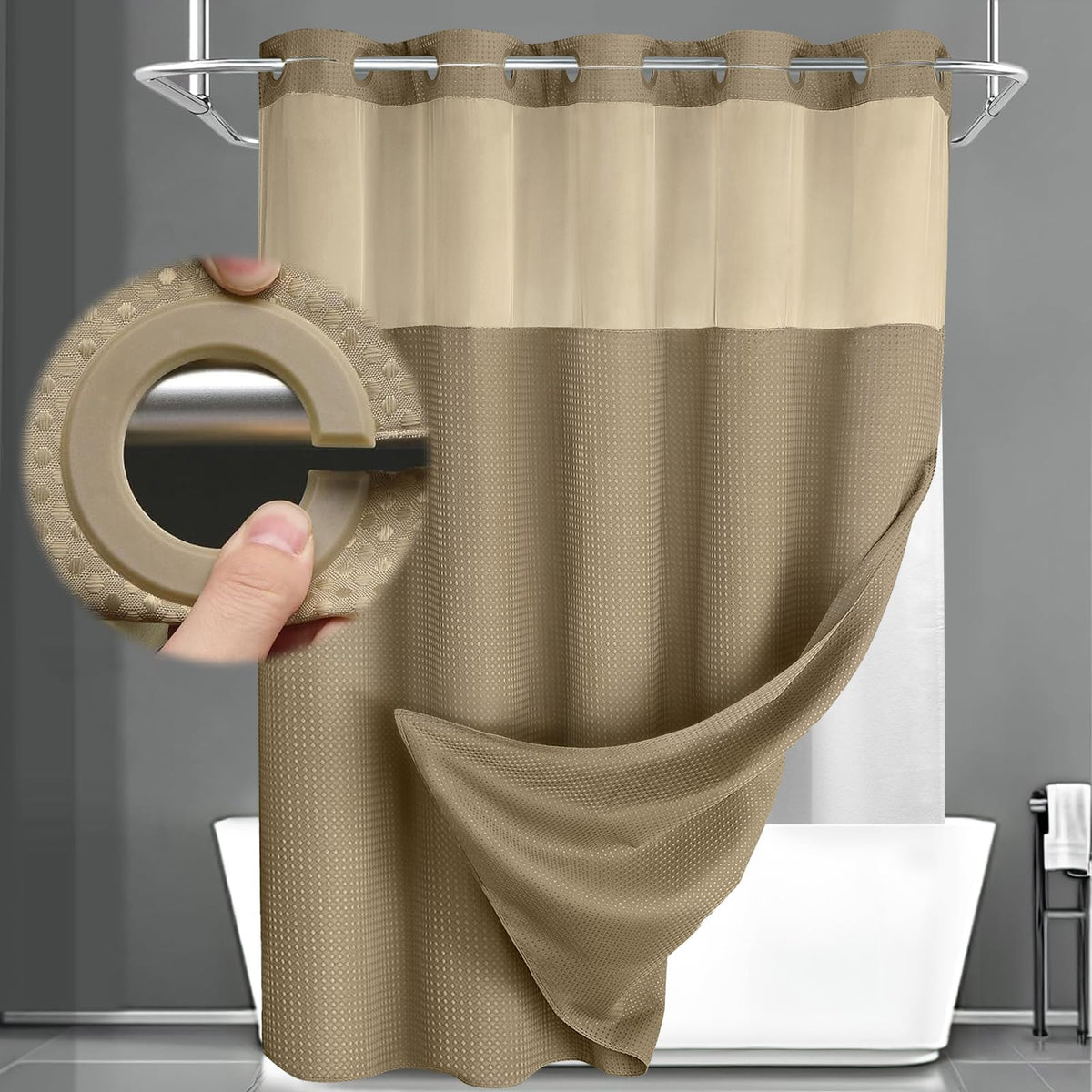 XOGUIBO no-hook curtain with built-in rings for quick on/off.