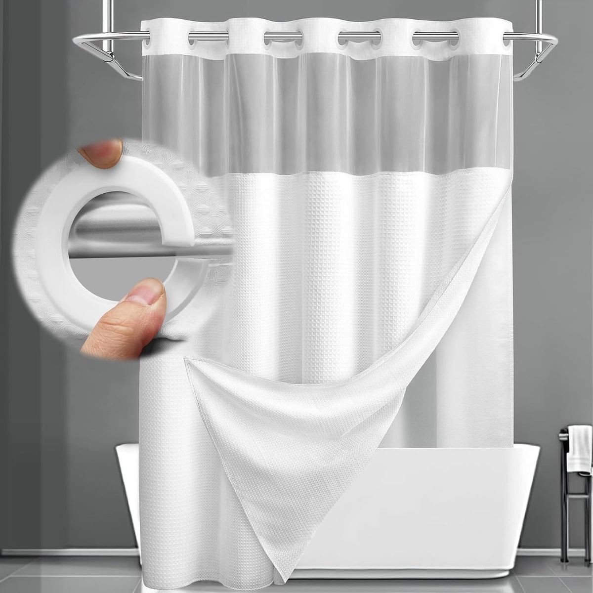 XOGUIBO no-hook shower curtain and liner with hotel-style waffle weave for a premium bathroom look.