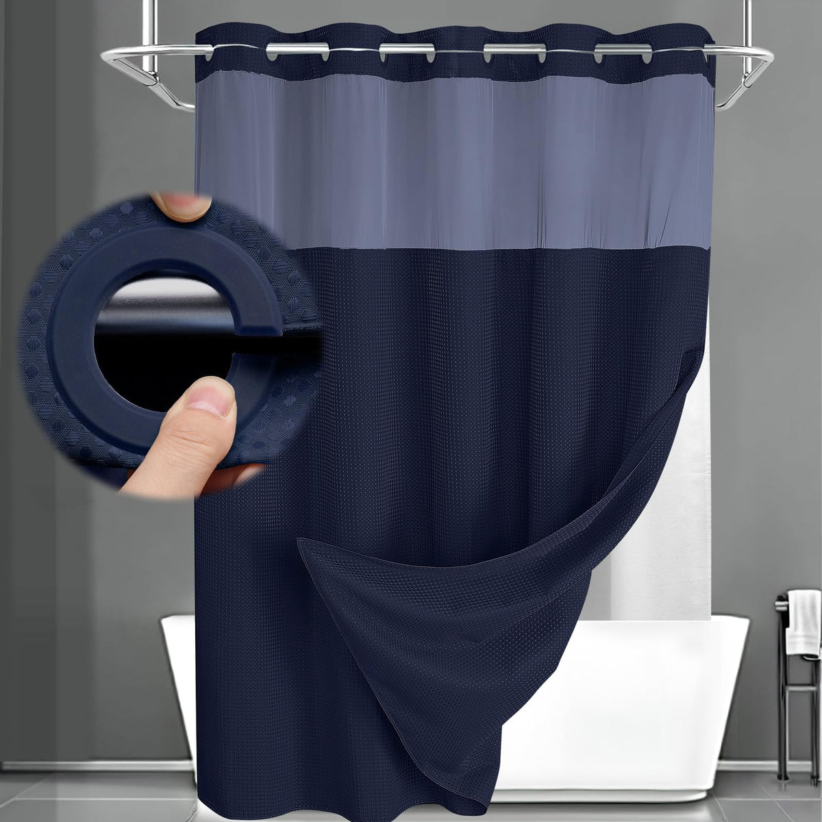 XOGUIBO no hook shower curtain blue with built-in rings for quick, tool-free setup