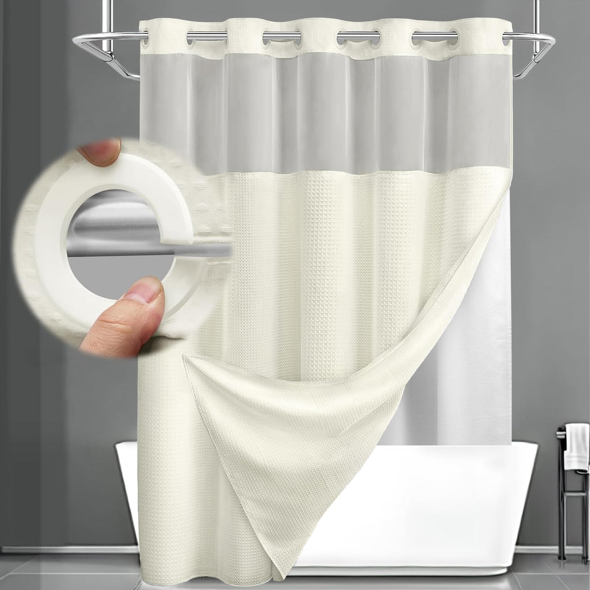 XOGUIBO no-hook shower curtain with cream waffle weave for a luxurious hotel look