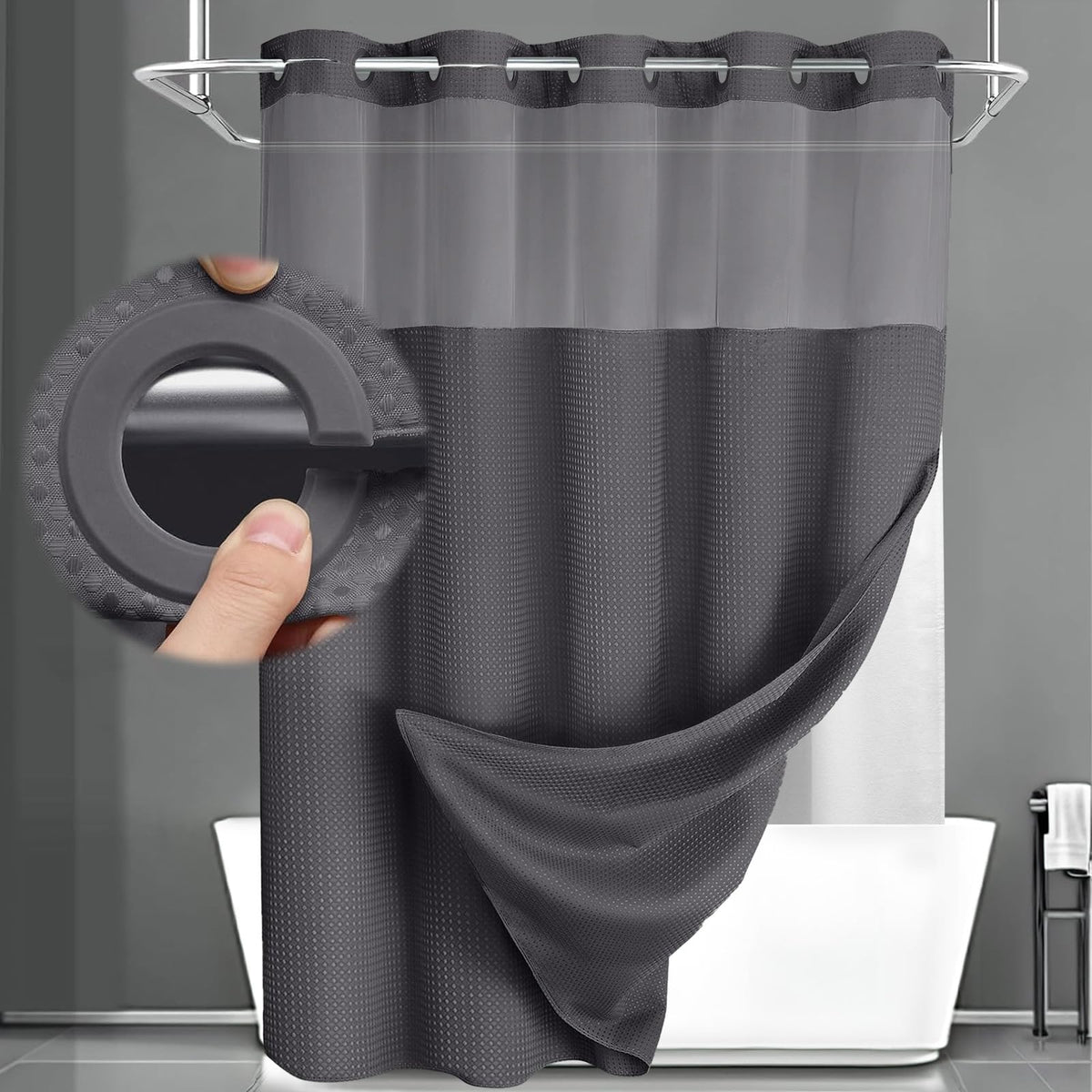 XOGUIBO no hook shower curtain with built in rings for easy setup