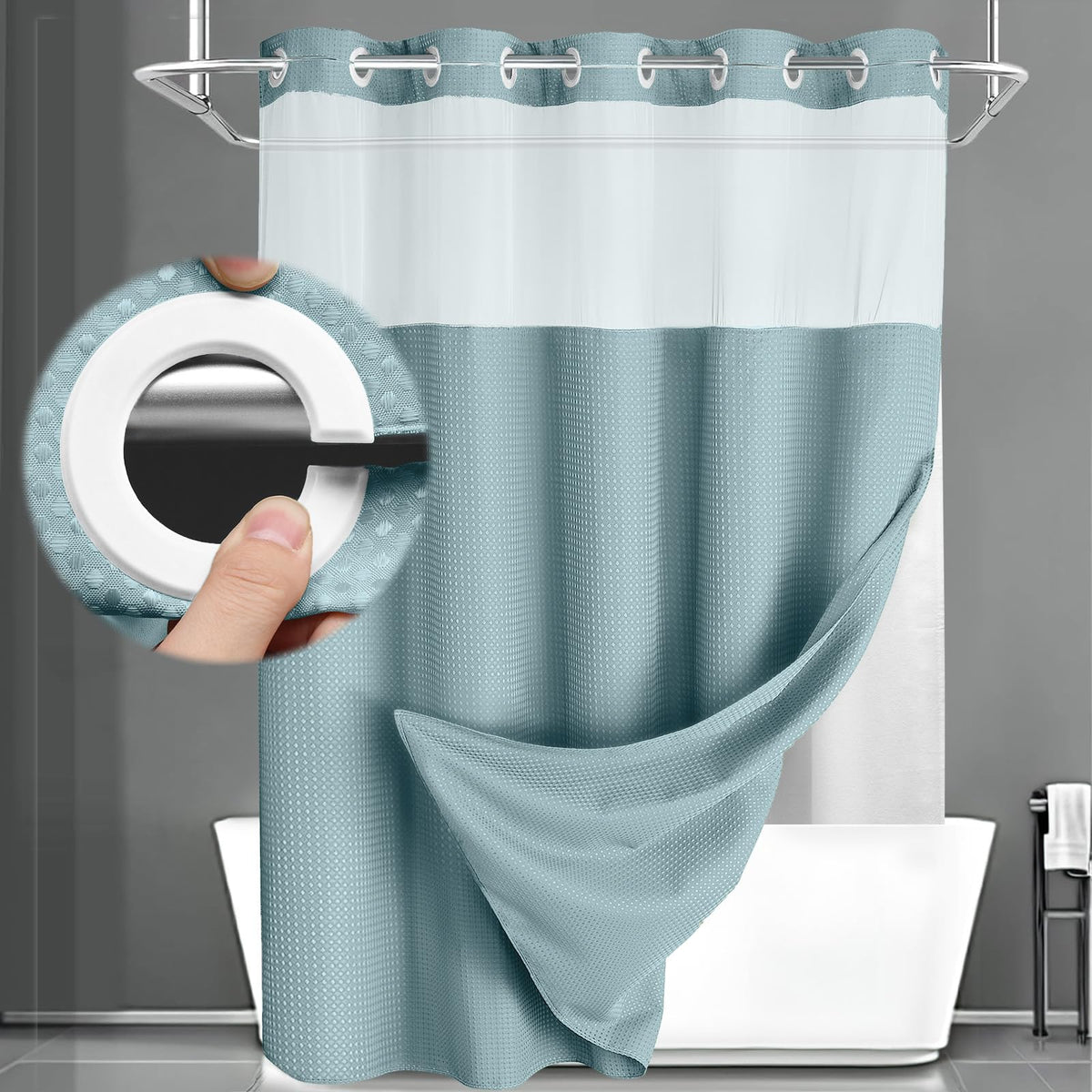 XOGUIBO no-hook shower curtain with liner cyan; built-in rings for easy on/off