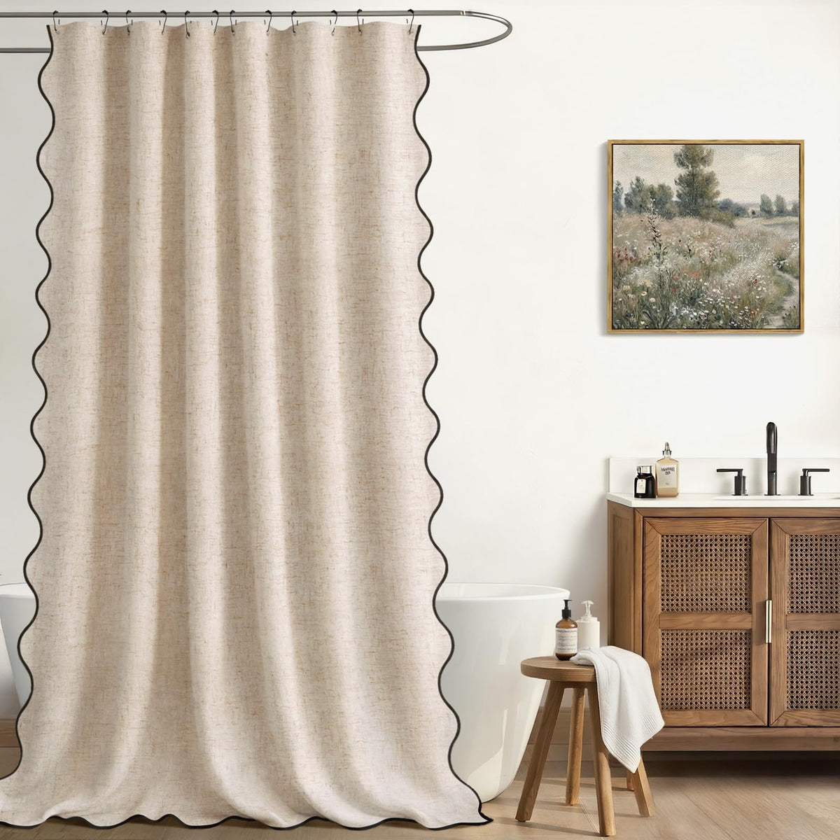 XOGUIBO Nordic farmhouse style curtain elevates bathroom aesthetics.