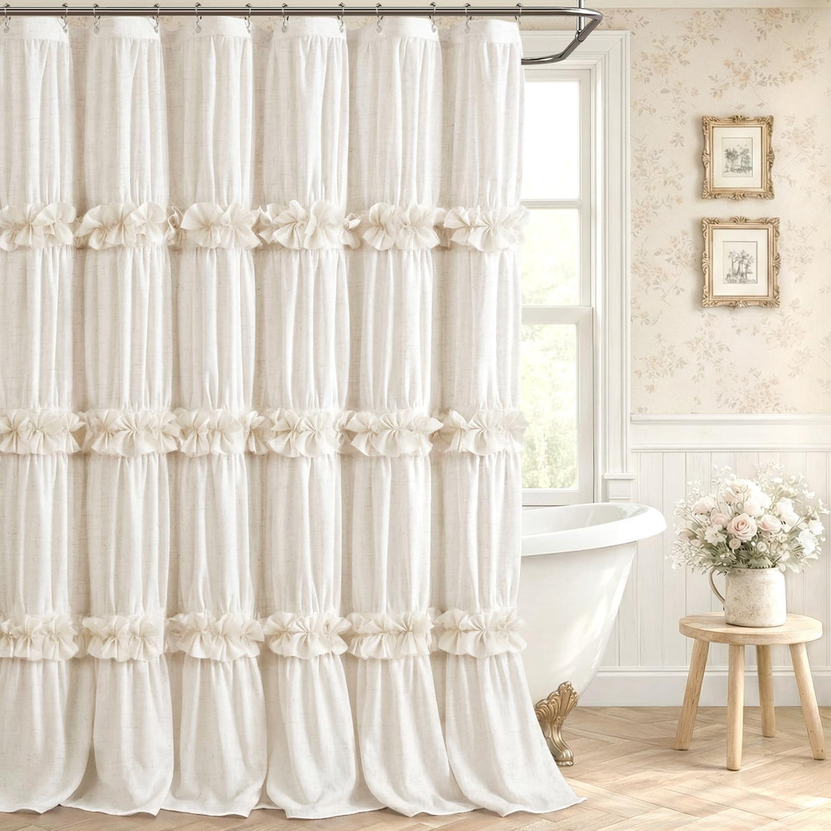 XOGUIBO ruffle shower curtain with bow in cream adds vintage charm and style