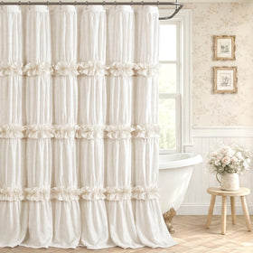 XOGUIBO ruffle shower curtain with bow in cream adds vintage charm and style
