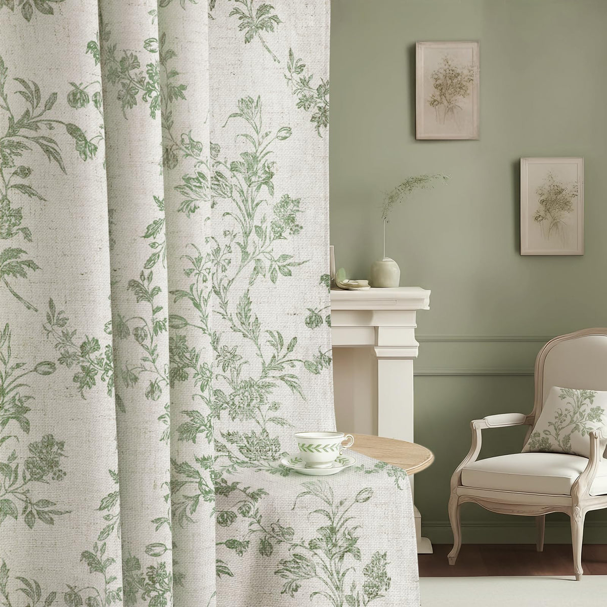 XOGUIBO sage green floral curtains provide soft light control in a cozy bedroom.