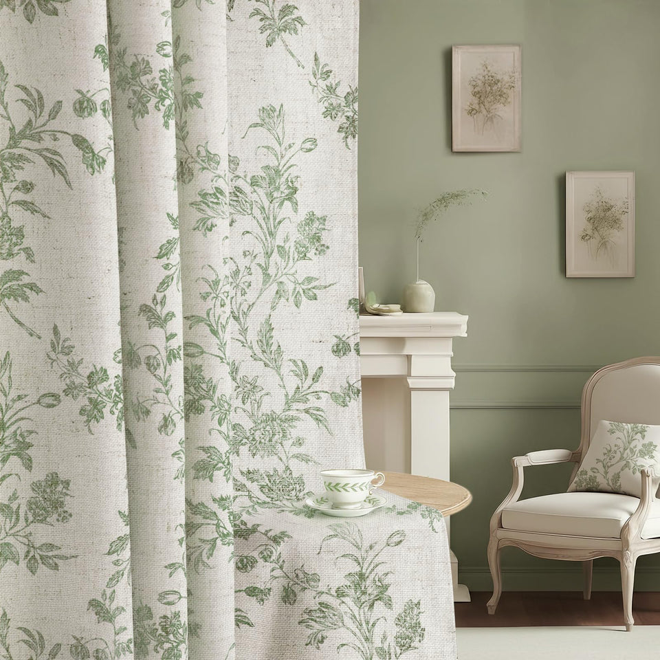 XOGUIBO sage green floral curtains provide soft light control in a cozy bedroom.