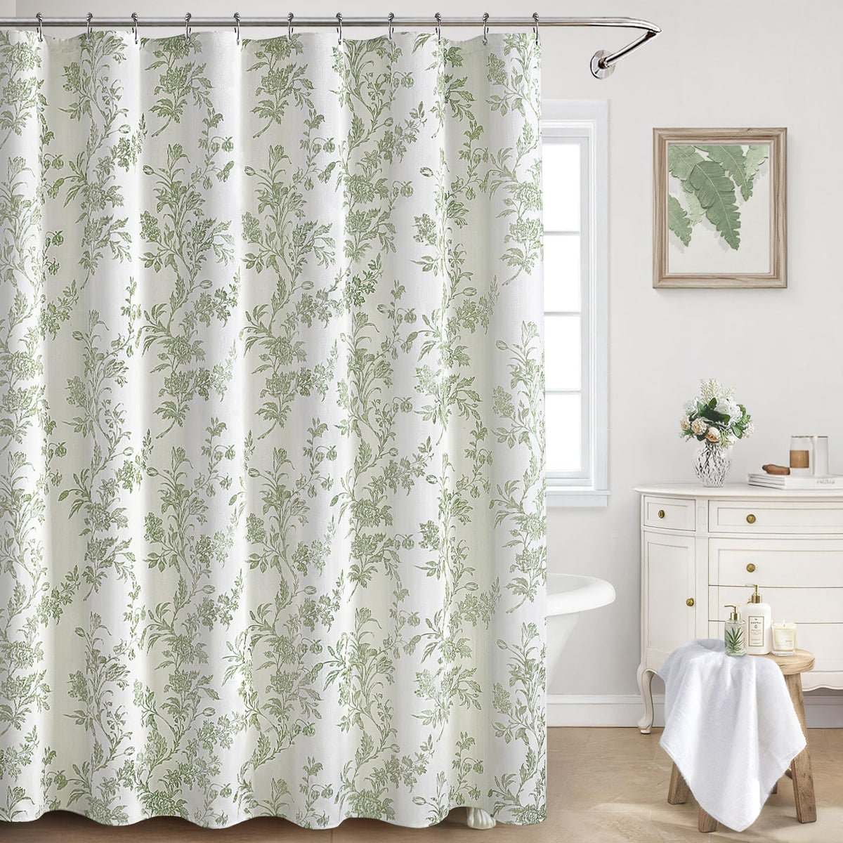 XOGUIBO sage green floral shower curtain with calming natural pattern for bathrooms