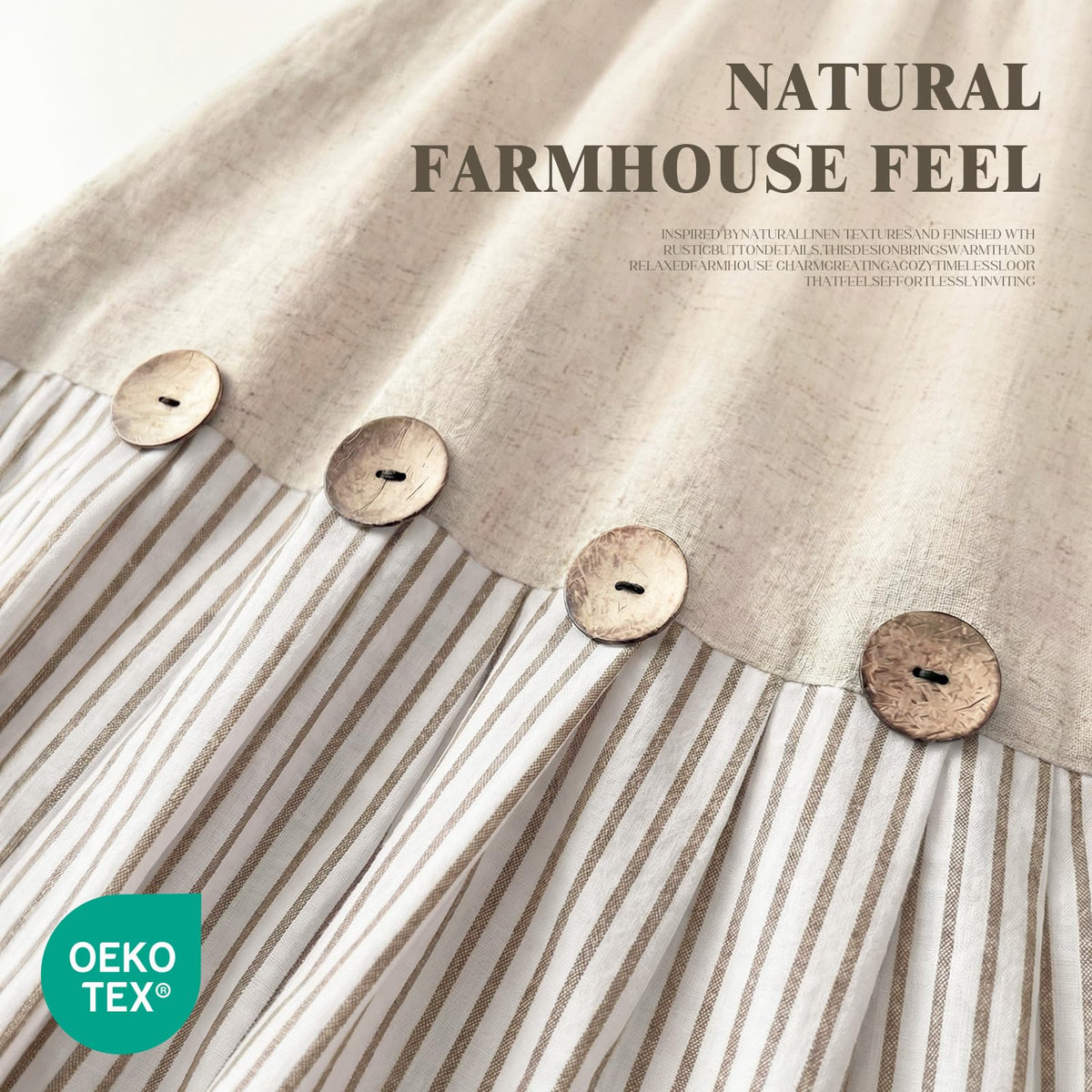 XOGUIBO shower curtain button detail adds rustic charm and character.