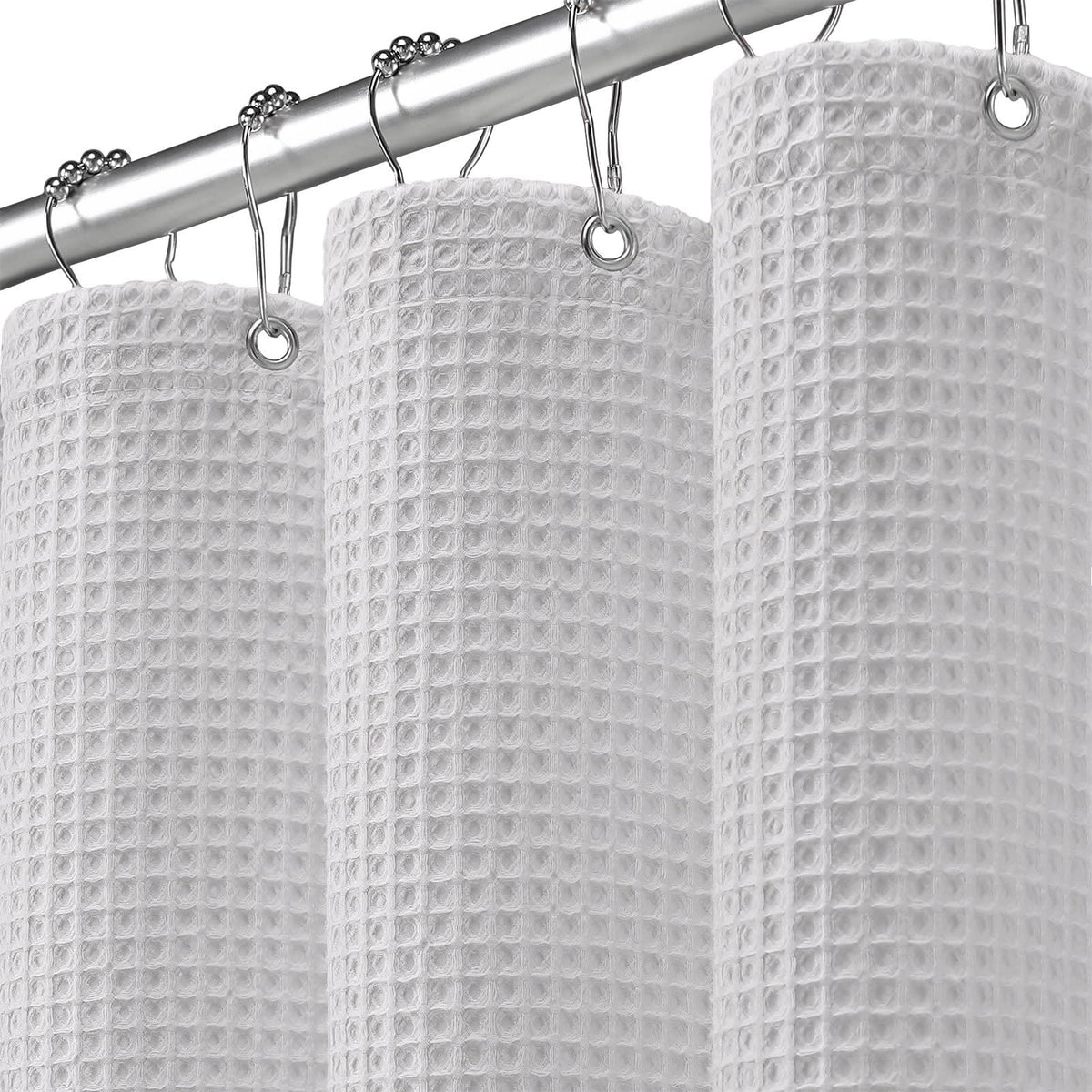 XOGUIBO waffle weave curtain close-up for a spa-like bath vibe.