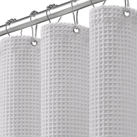 XOGUIBO waffle weave curtain close-up for a spa-like bath vibe.