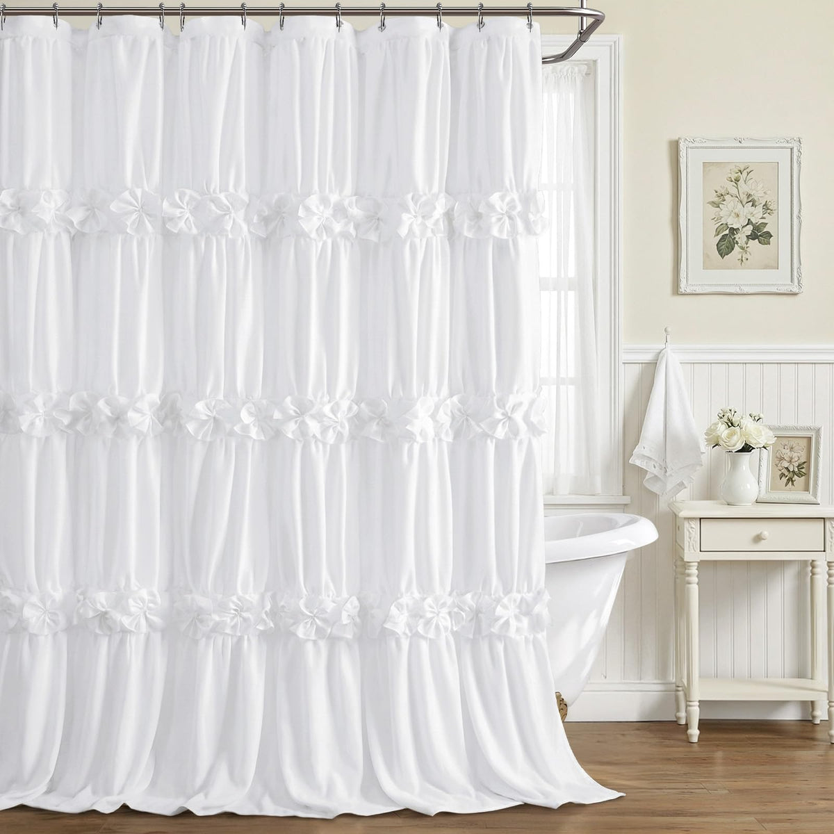 XOGUIBO white ruffle shower curtain with bow tie adds an elegant focal point in your bathroom.