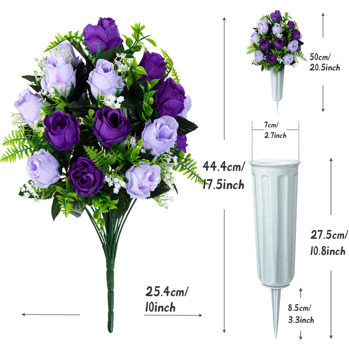 XONOR light purple cemetery flowers bouquet with vase for serene memorial decor.