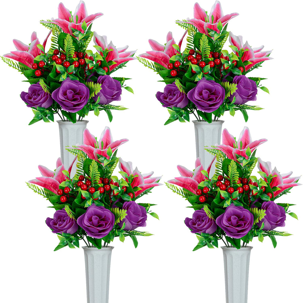 XONOR artificial cemetery flowers pink and purple bouquet with lifelike petals for outdoor graves.