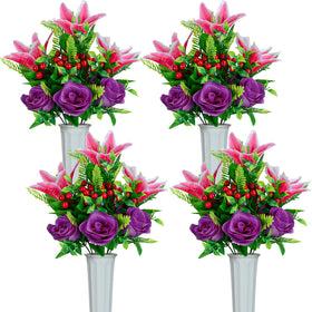 XONOR artificial cemetery flowers pink and purple bouquet with lifelike petals for outdoor graves.