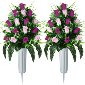 XONOR artificial cemetery flowers bouquet in purple and pink for lasting grave decor.
