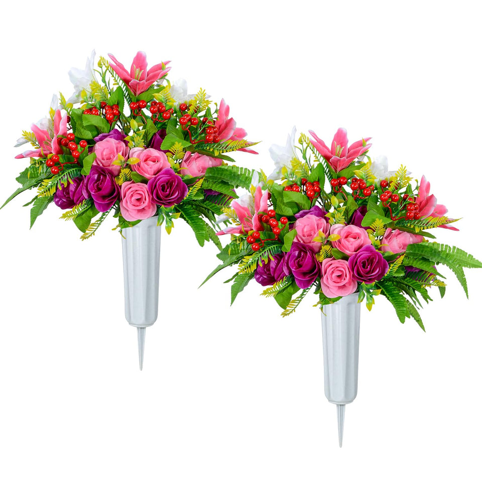 XONOR artificial cemetery flowers with rose and lily bouquet set for lasting memorial decor