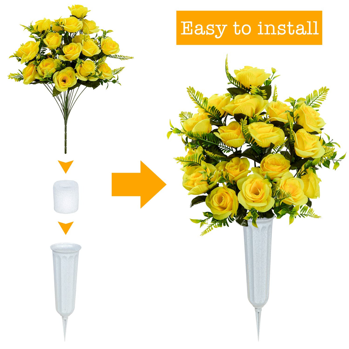 XONOR artificial rose bouquet, no-assembly required for quick cemetery setup.