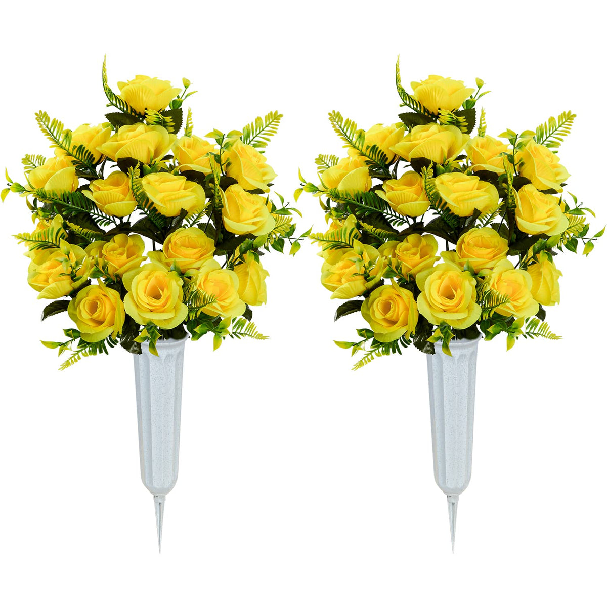 XONOR yellow rose bouquet 2pc front view, sun-proof memorial flowers for gravesites.