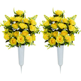 XONOR yellow rose bouquet 2pc front view, sun-proof memorial flowers for gravesites.
