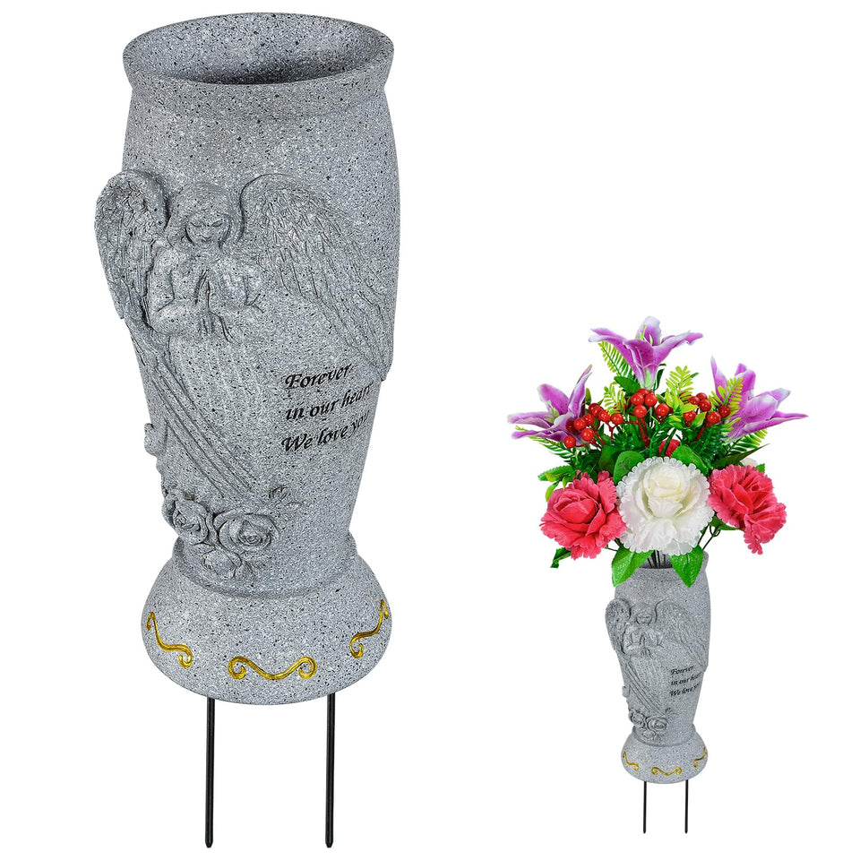 XONOR cemetery vase with angel design on grave site for durable memorial display