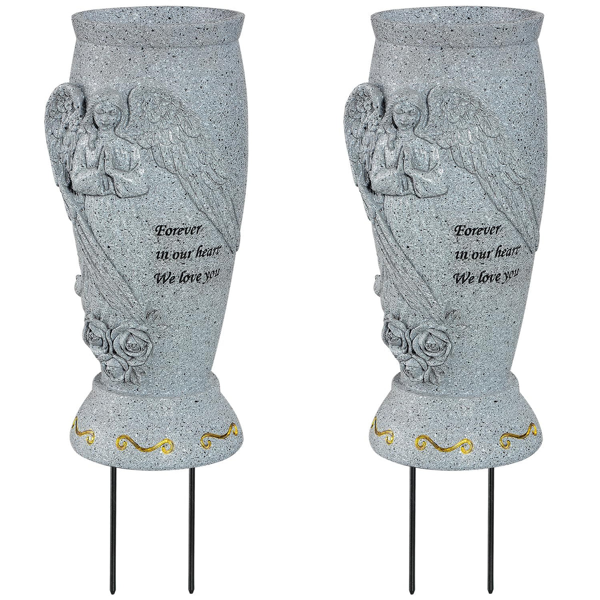 XONOR angel cemetery vase front view, supports large artificial bouquets.