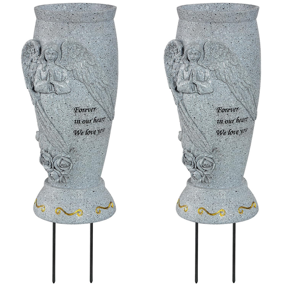 XONOR angel cemetery vase front view, supports large artificial bouquets.