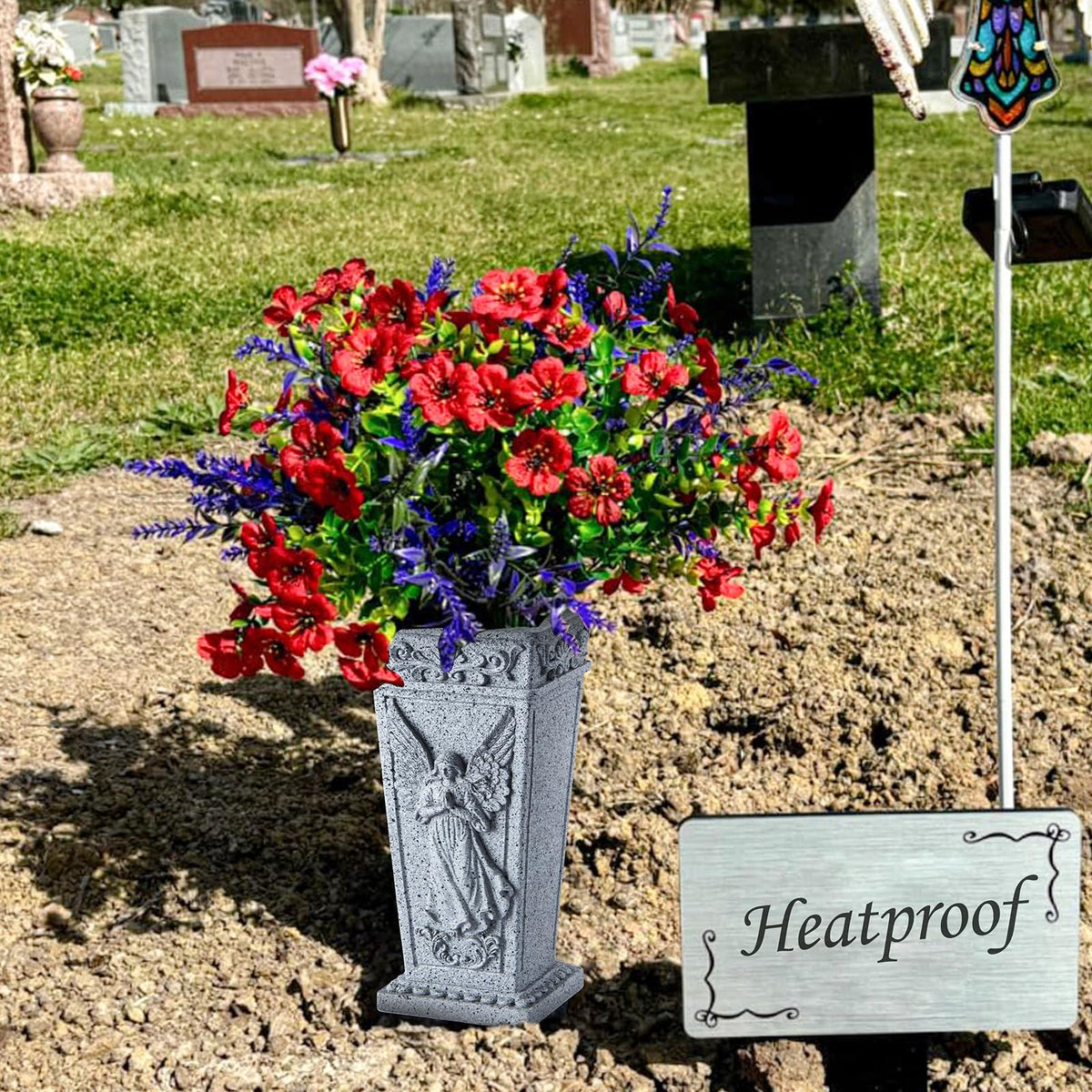 XONOR grey grave vase holds bouquets for memorial displays.