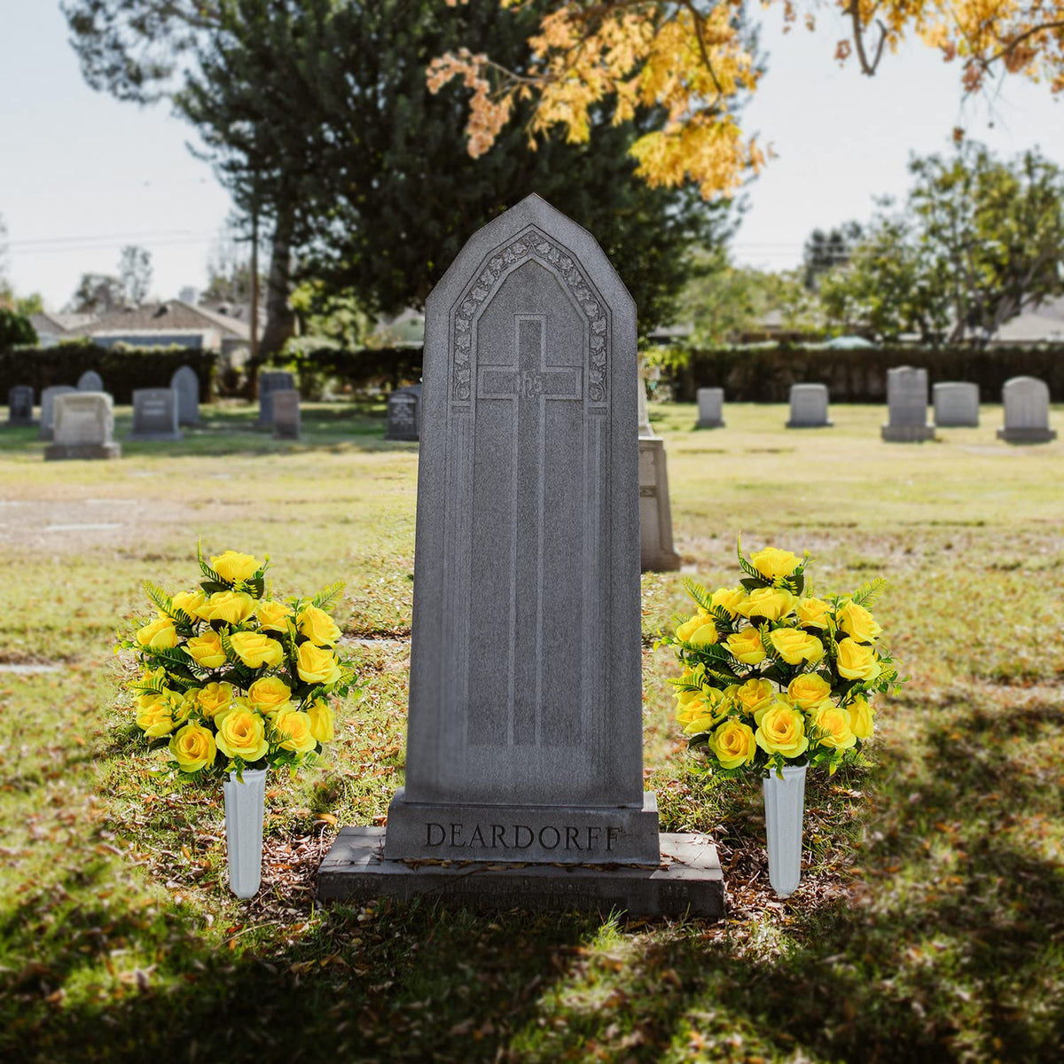 XONOR two-pack cemetery flowers with vase, ready to display securely.