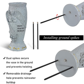 XONOR resin grave vase in grey granite color complements artificial flowers year-round
