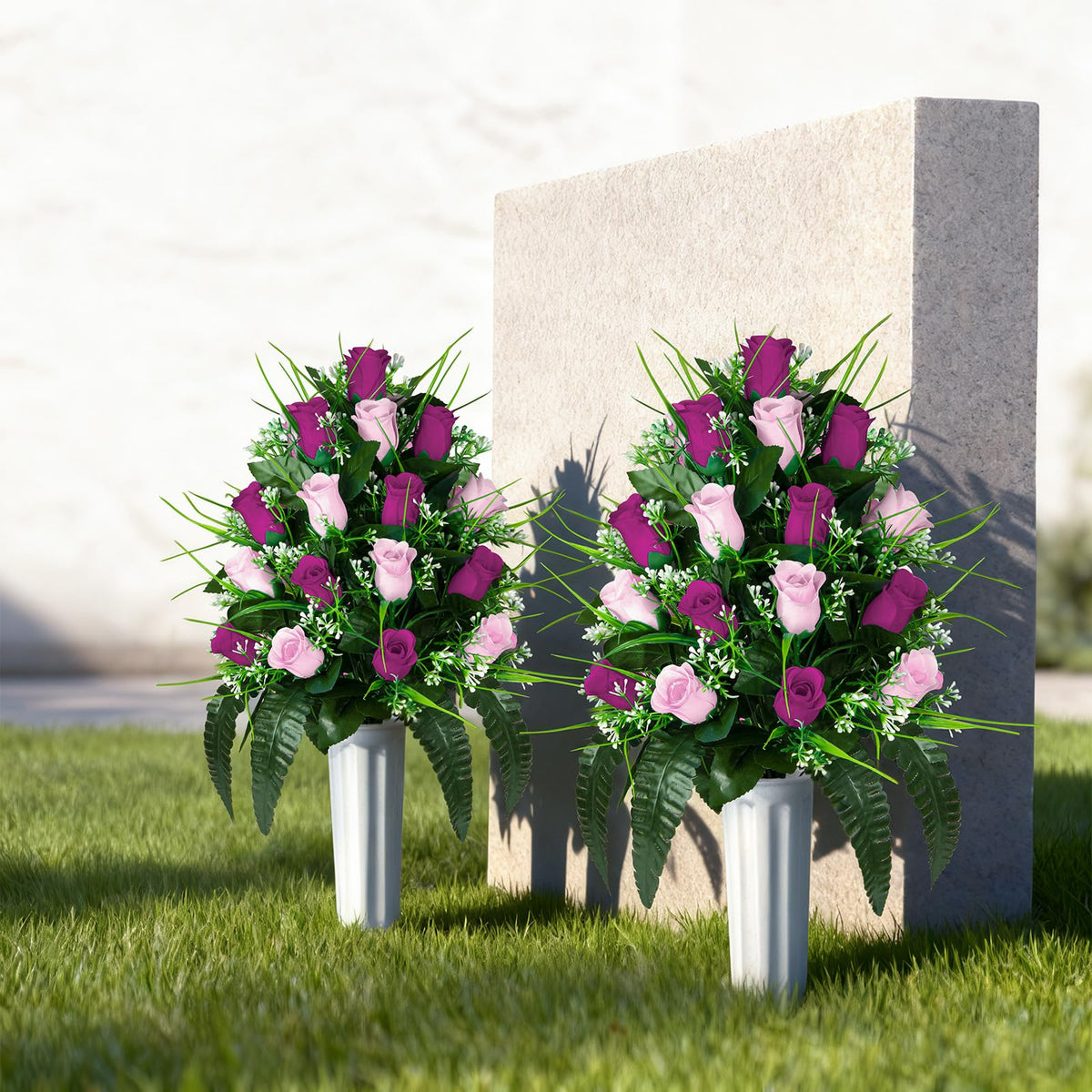 XONOR two-bouquet, two-vase set for versatile grave arrangements.