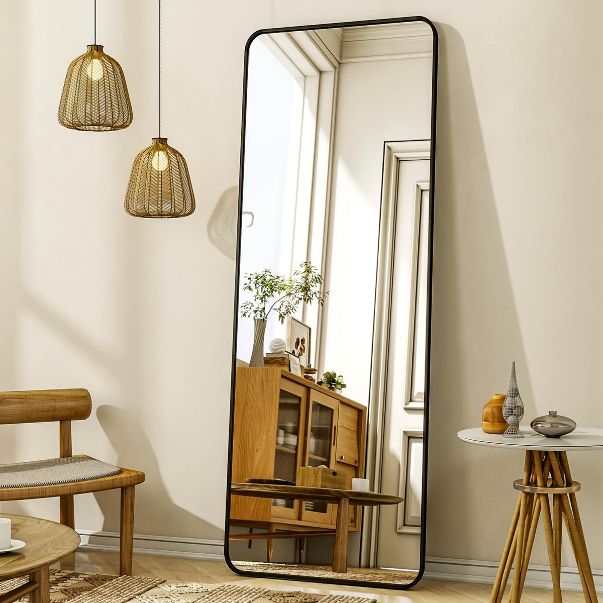XRAMFY full-length mirror with stand offers full-body viewing in a living space