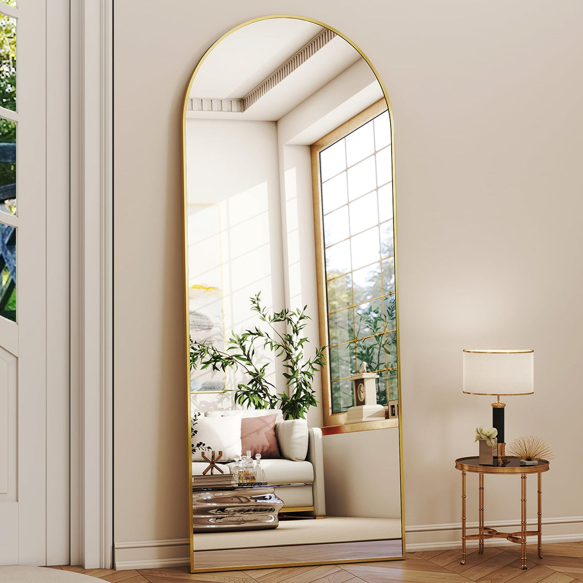 XRAMFY gold arch frame mirror stands freely for versatile placement