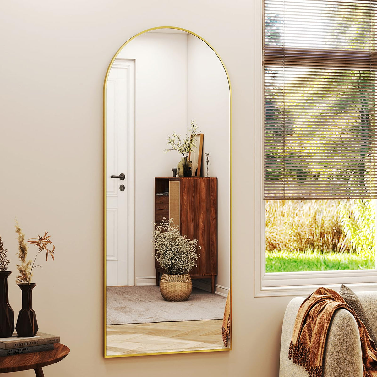 XRAMFY wall-mounted gold full-length mirror adds space-saving elegance