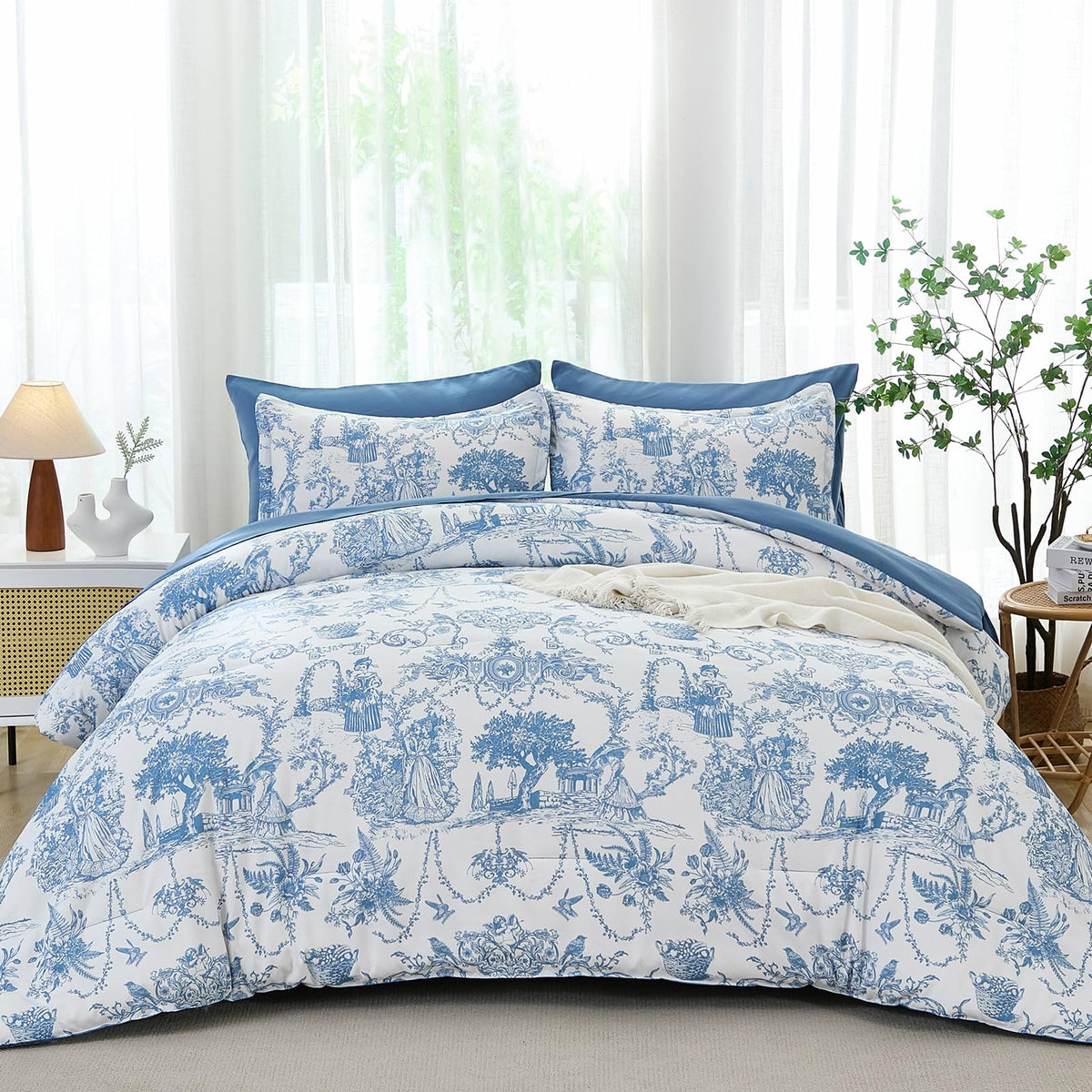 Xruibed toile de jouy botanical comforter close-up highlighting pattern detail.
