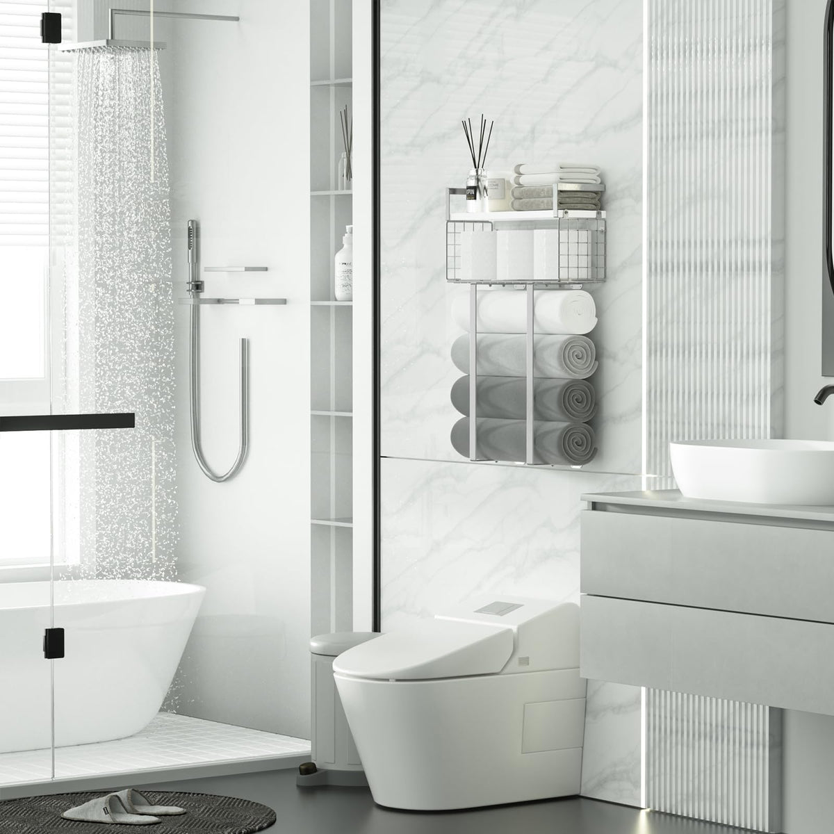Xstydes floating shelves with towel rack displaying towels and decor