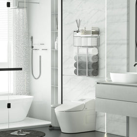 Xstydes floating shelves with towel rack displaying towels and decor