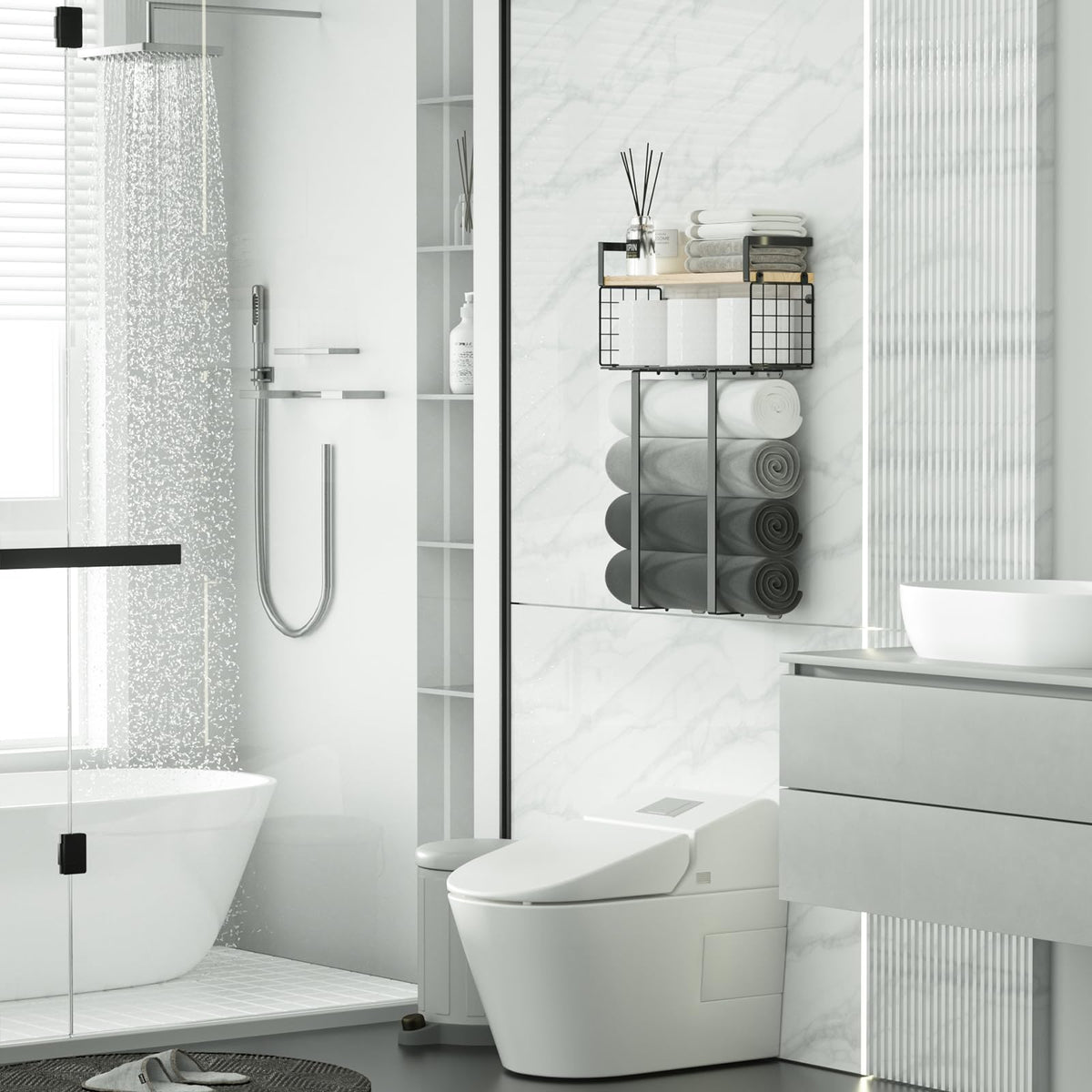 Xstydes metal towel rack with black finish provides a sleek, durable bathroom accent.