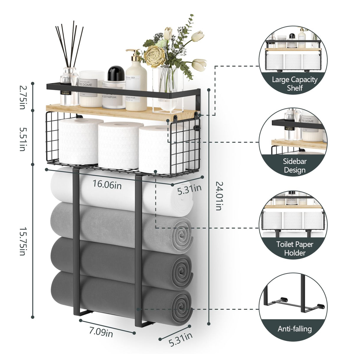 Xstydes ready-to-install mounting hardware simplifies bathroom organization.