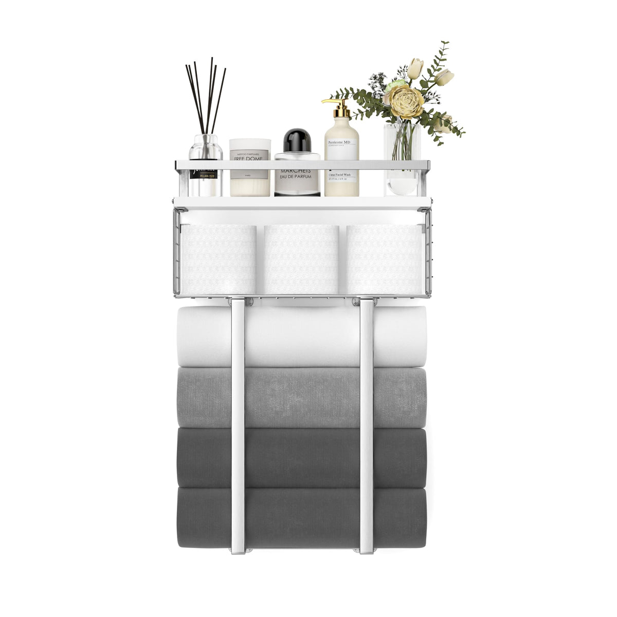 Xstydes toilet paper and towel organizer in a compact setup