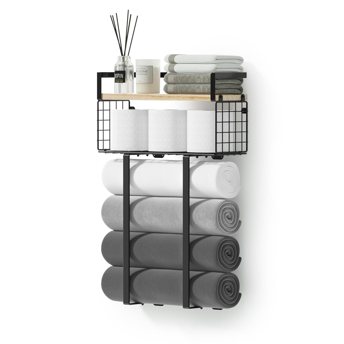 Xstydes towel rack with wall basket assembly for organized bathroom storage.