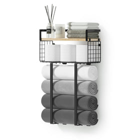 Xstydes towel rack with wall basket assembly for organized bathroom storage.